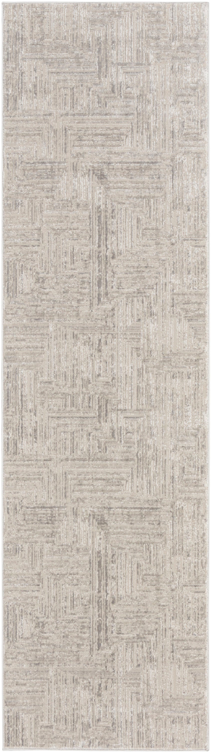 Beige geometric textured rug runner with patchwork squares in cream and taupe tones.