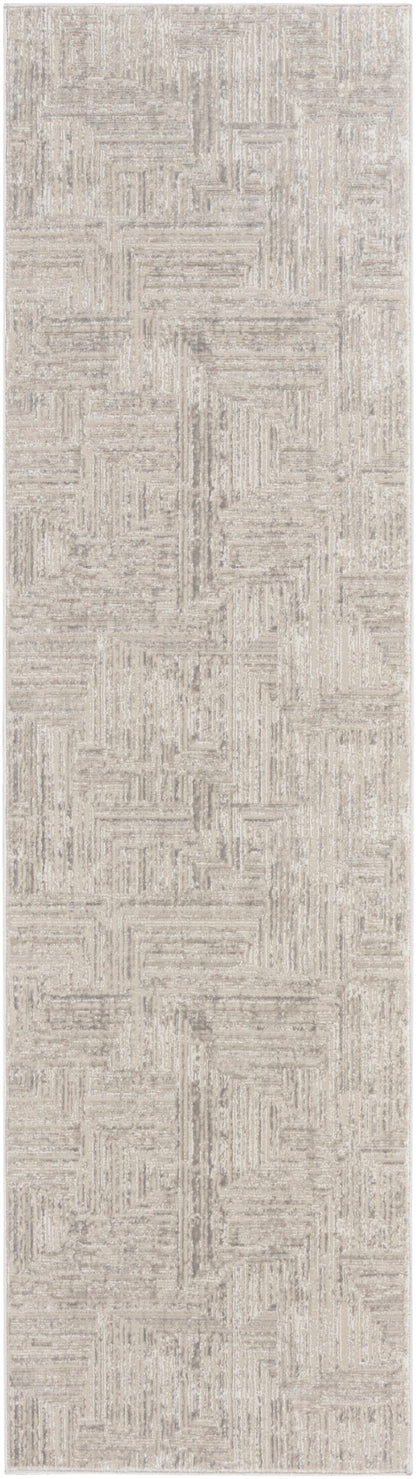 Beige geometric textured rug runner with patchwork squares in cream and taupe tones.
