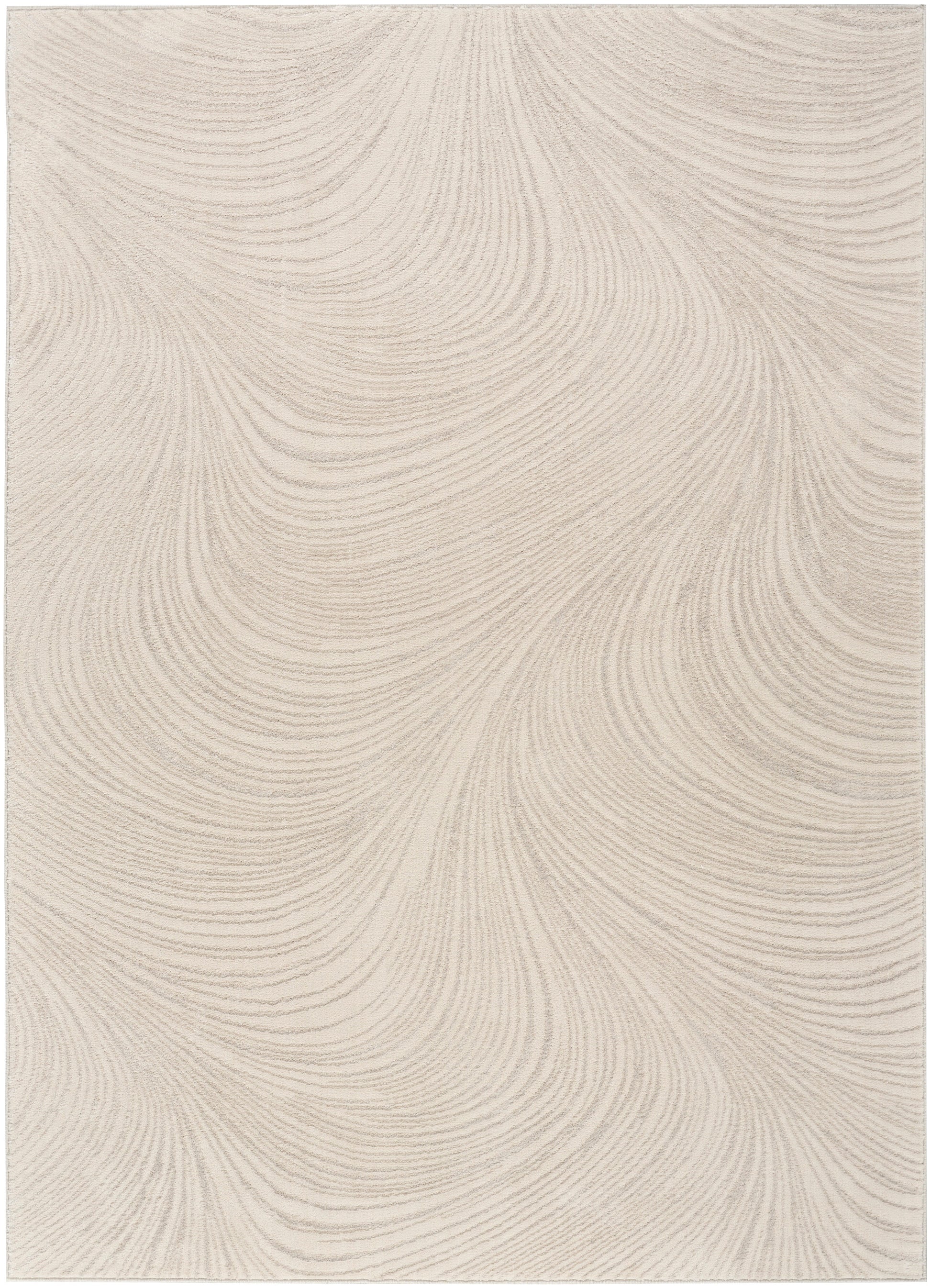 Cream beige area rug with flowing abstract swirl pattern in textured lines.