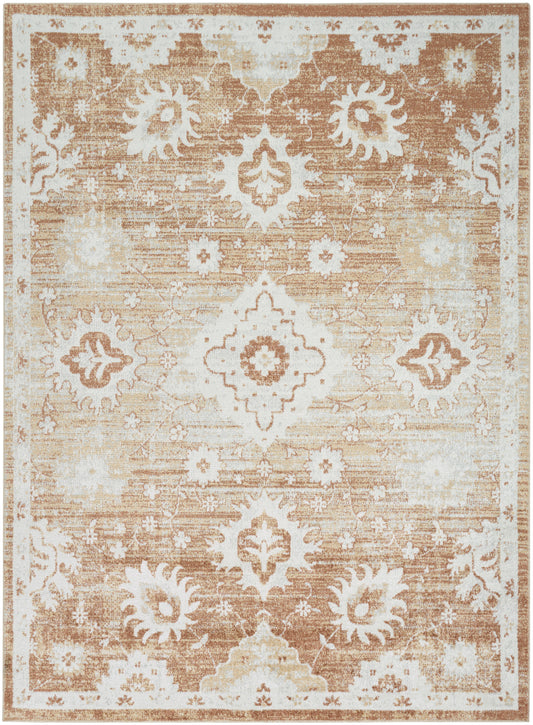 Rectangular area rug (5' x 7') with a distressed vintage floral medallion in cream and tan and an ornate border.