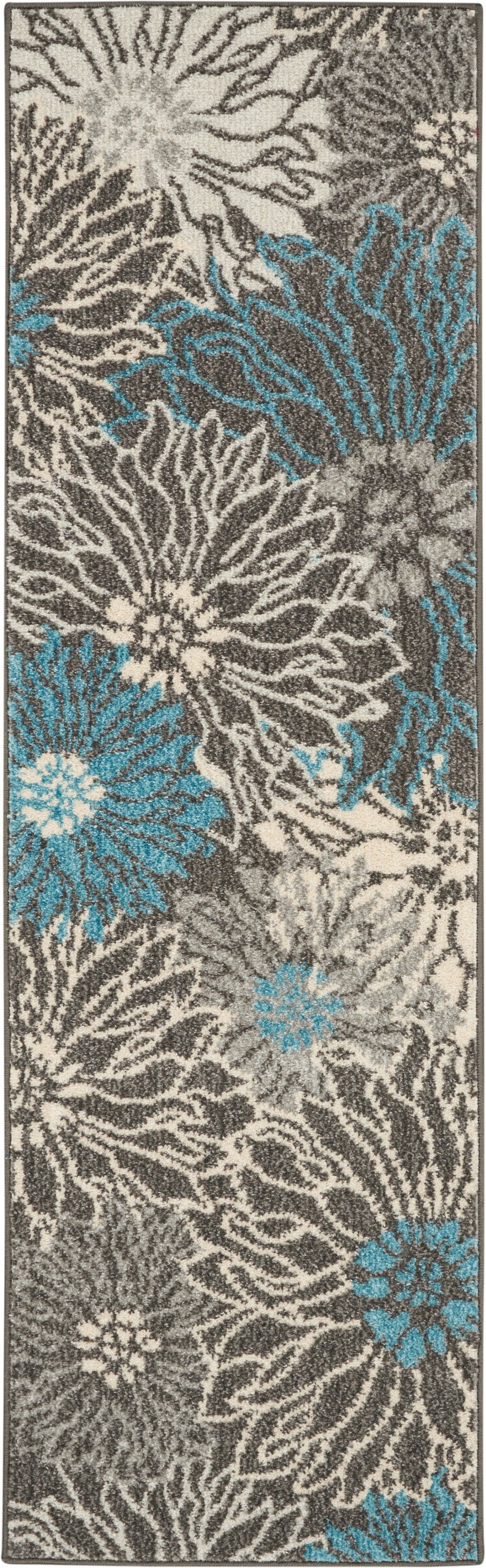 Shaggy floral runner rug in gray and cream with turquoise blue bursts; plush synthetic pile, hallway decor.
