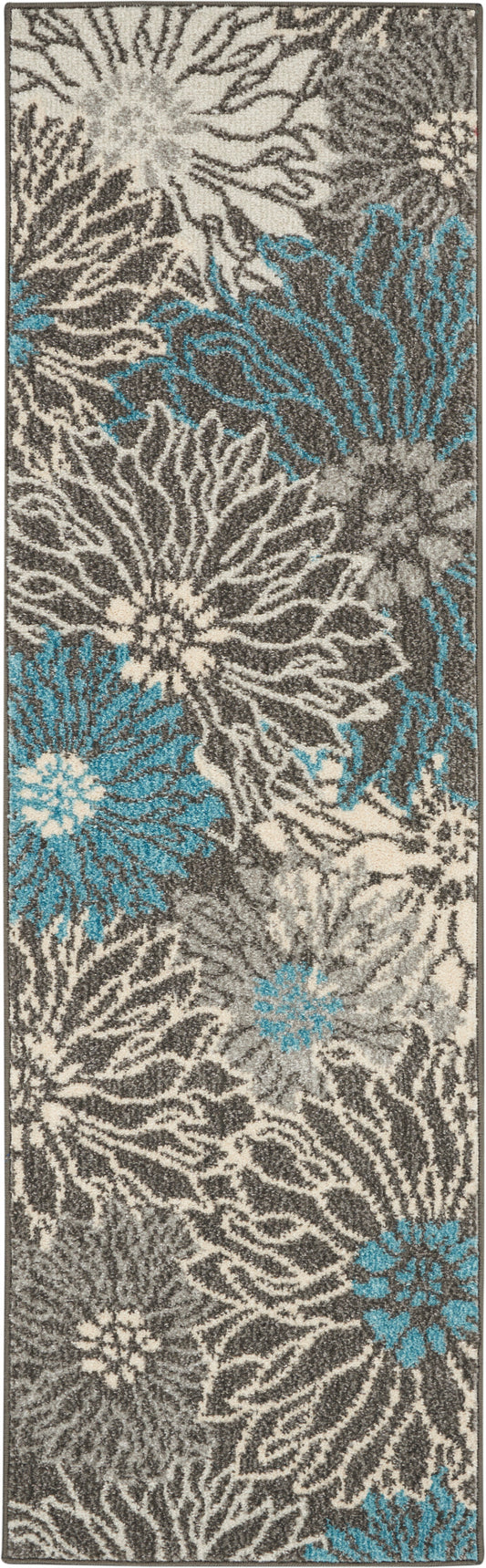 Shaggy floral runner rug in gray and cream with turquoise blue bursts; plush synthetic pile, hallway decor.