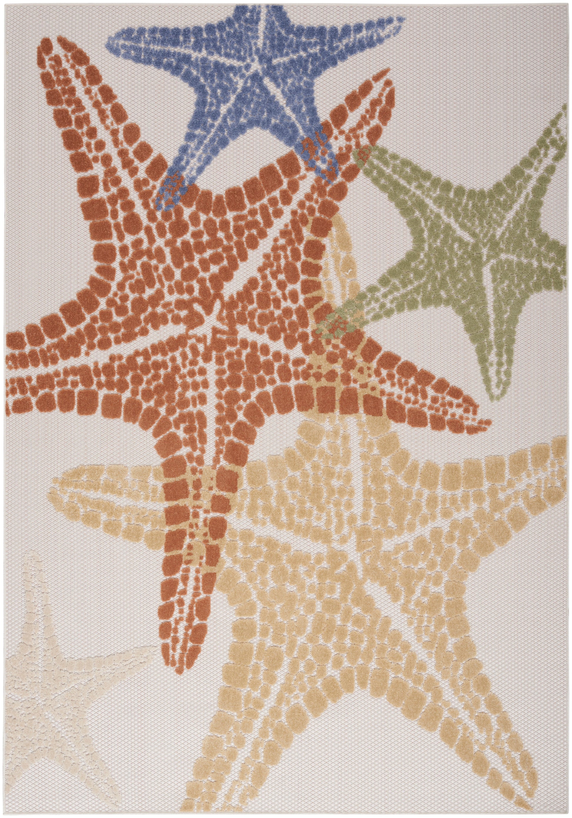 Rug with overlapping starfish motifs in brown, blue, green and beige on cream background.
