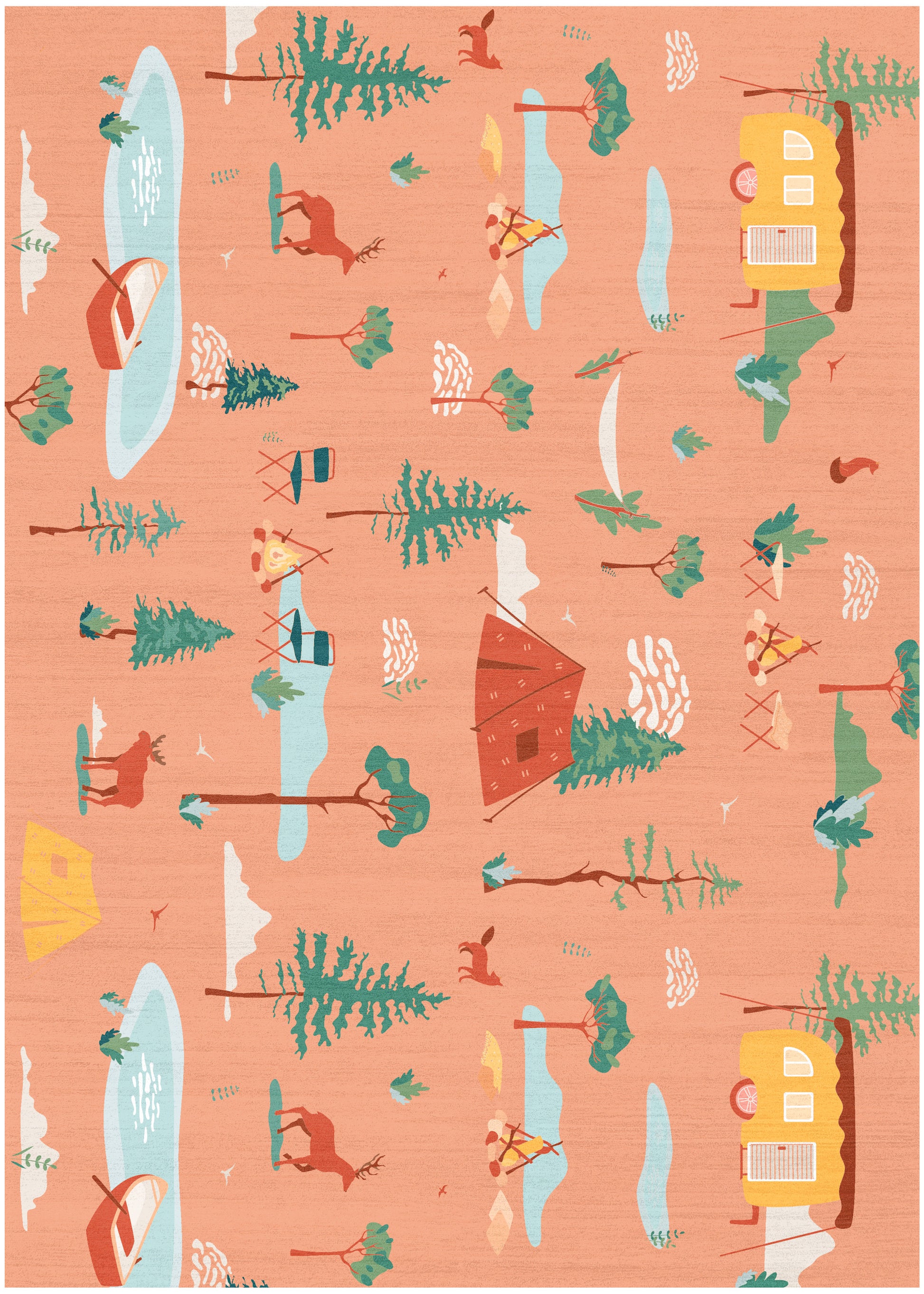 Patterned peach rug with teal water, yellow caravan, red tent, green pines, and campers in a playful coastal scene.