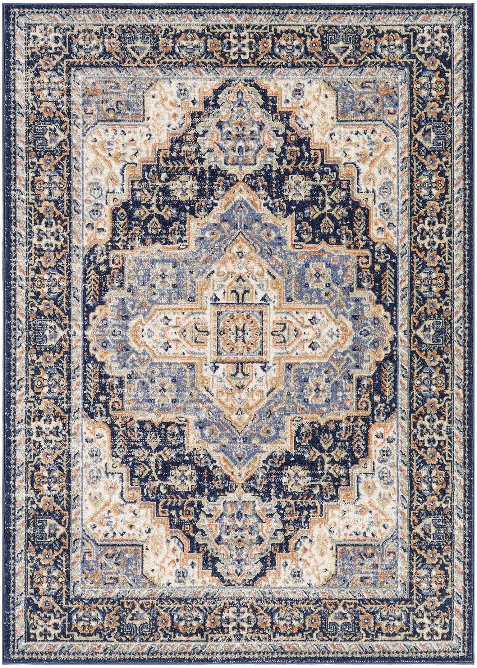 Traditional oriental rug with navy field, ivory center medallion and intricate cream, blue, and gold floral borders.