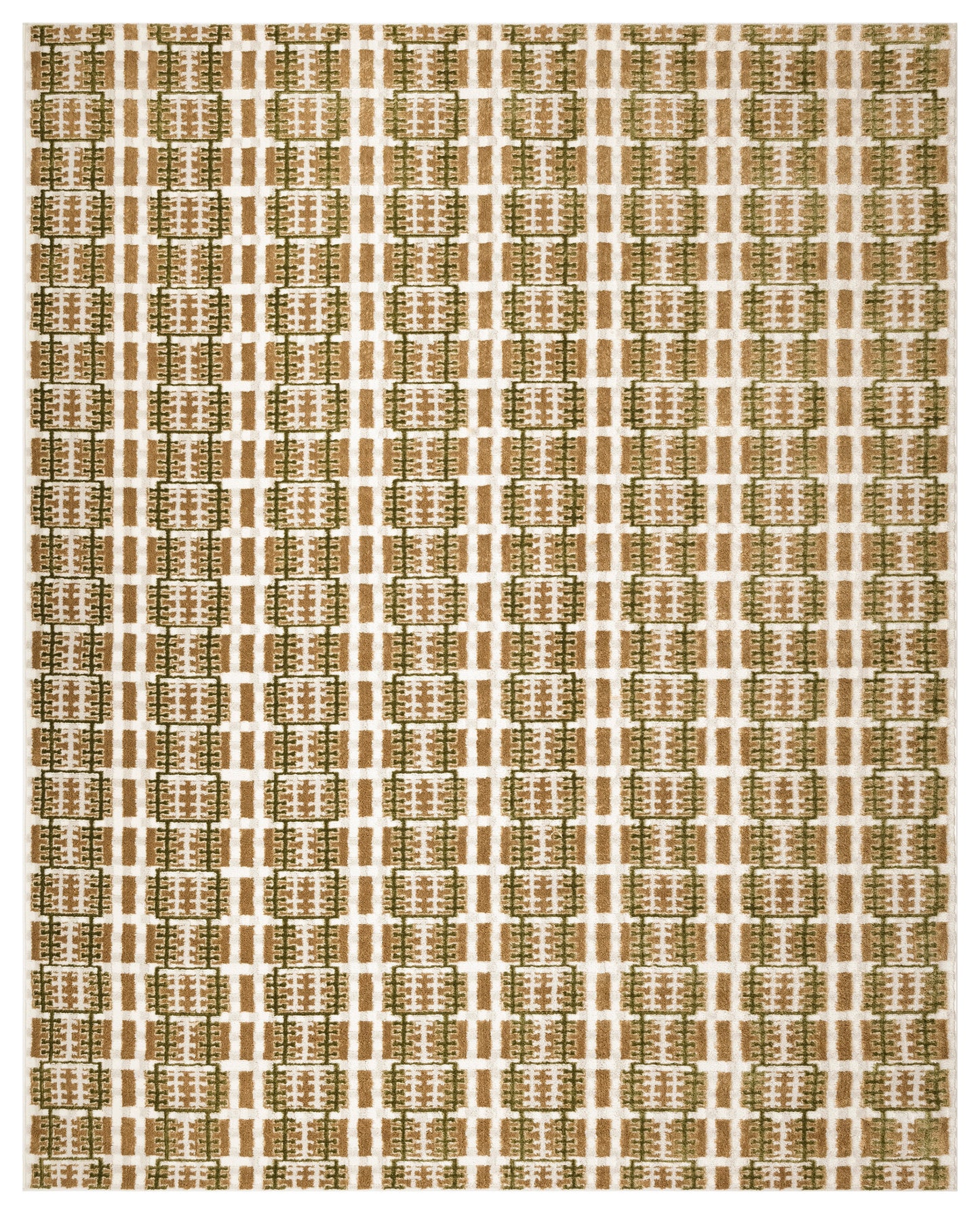 Geometric rug with tan and olive lattice blocks set in a beige grid pattern, repeating vertical columns.