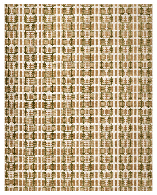 Geometric rug with tan and olive lattice blocks set in a beige grid pattern, repeating vertical columns.