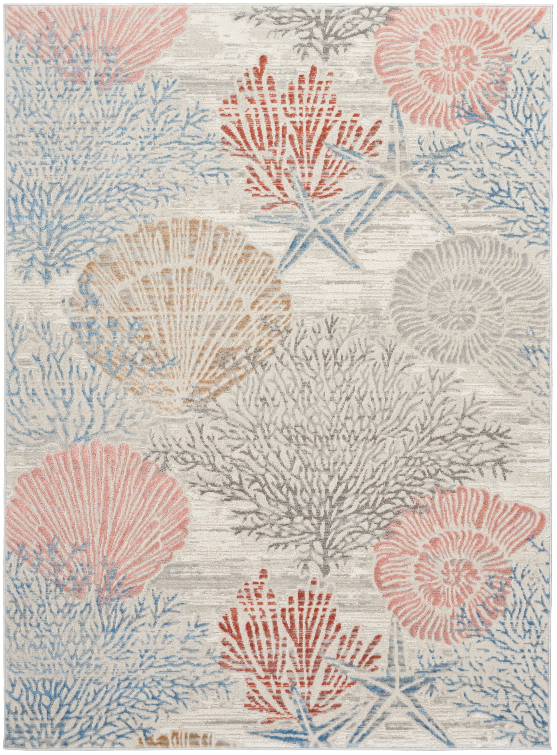 Coastal coral reef patterned rug in pinks, blues, coral and beige on a light gray background; woven texture.