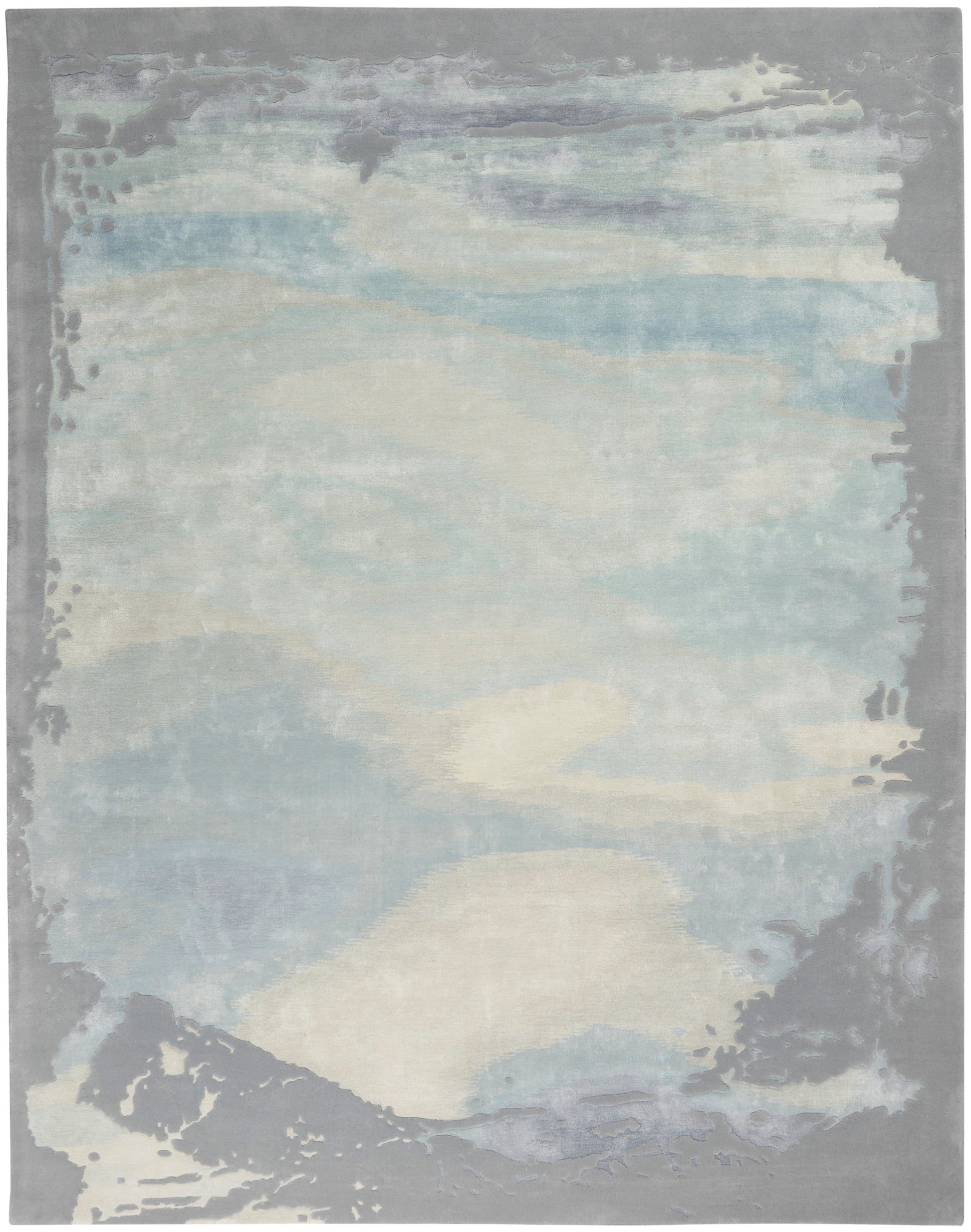 Rectangular area rug with cloudy blue and beige tones, soft texture, modern coastal abstract pattern and gray border.