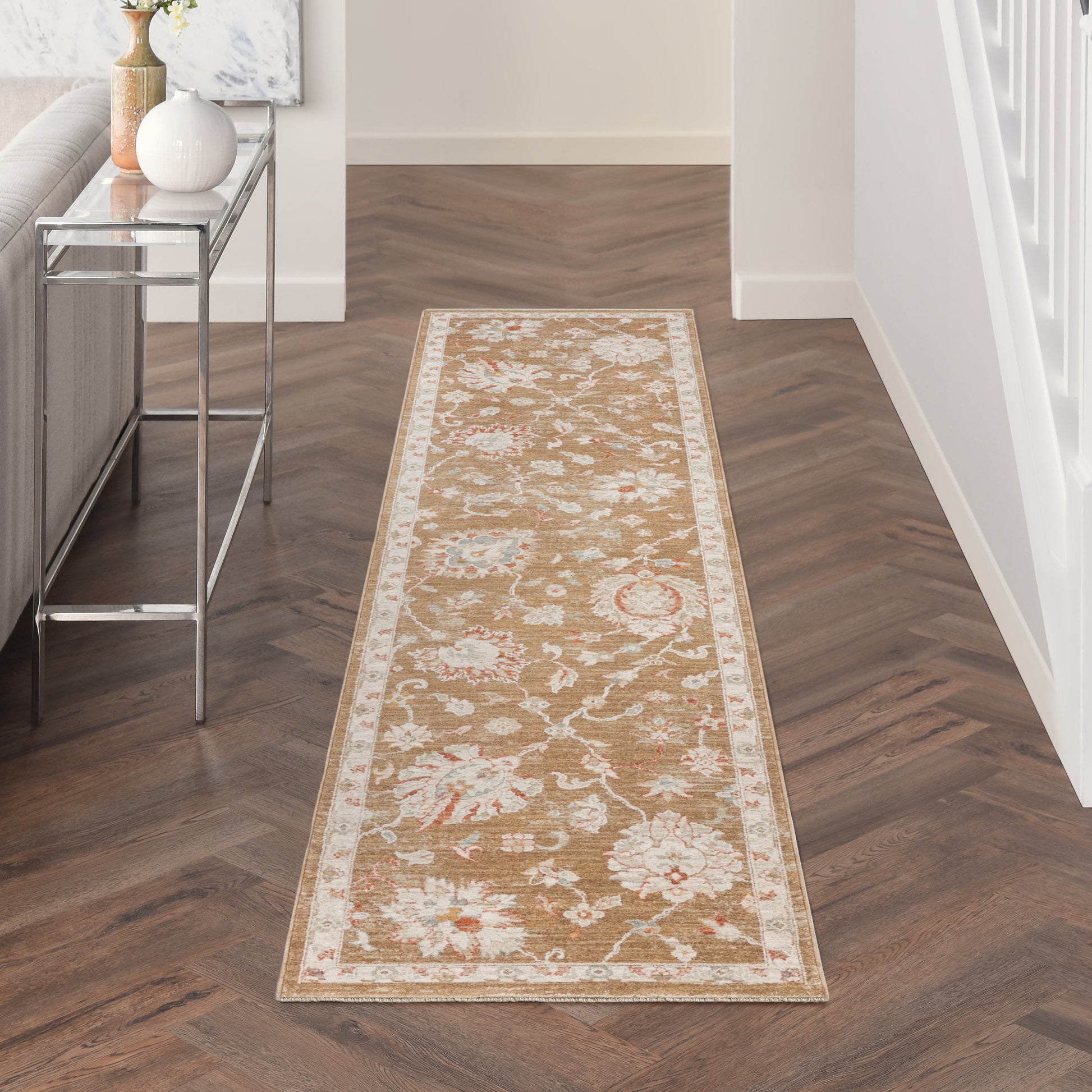 Traditional floral runner rug in beige, ivory with soft pink accents and an ornate border for a hallway.