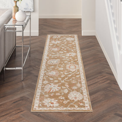 Traditional floral runner rug in beige, ivory with soft pink accents and an ornate border for a hallway.