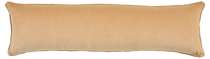 Beige rectangular bolster pillow with rounded ends, plush soft cover for sofa.