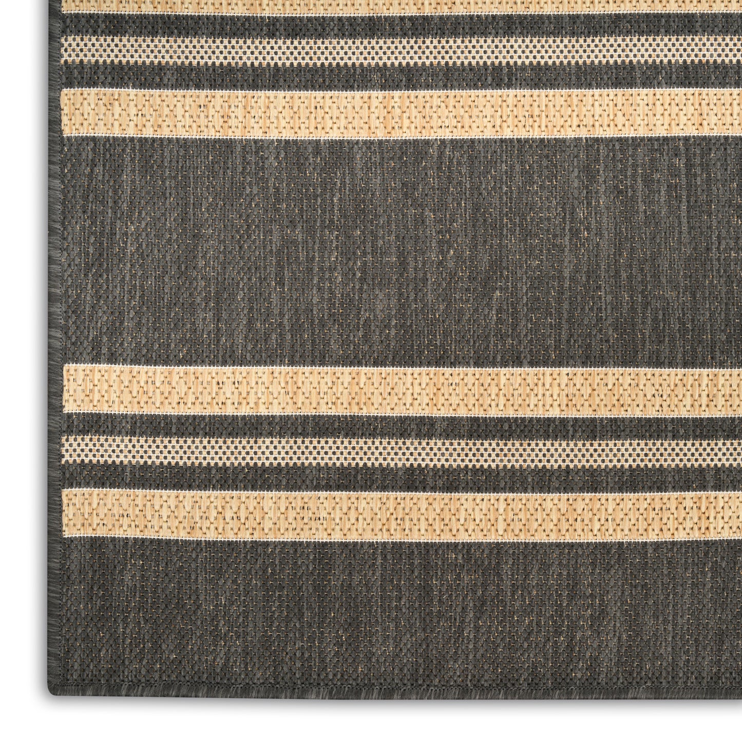 Charcoal and beige striped woven rug with textured natural-fiber jute look and horizontal bands