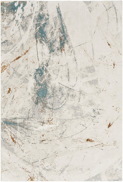 Abstract textured print with pale cream background, teal brushstrokes, brown accents and circular scribbles.