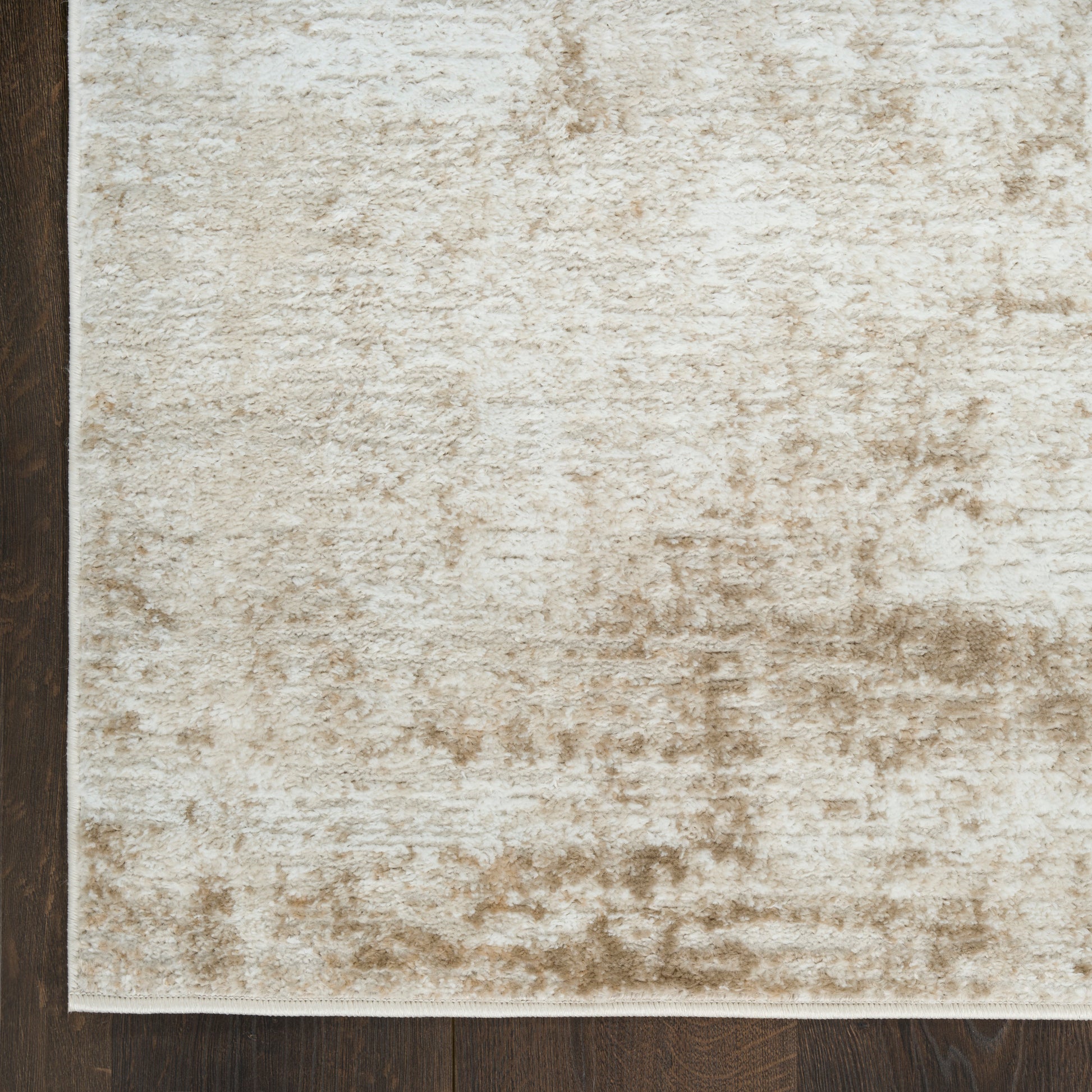 Beige distressed-pattern area rug on dark wood floor; rectangular, soft neutral tones ideal for contemporary living spaces.