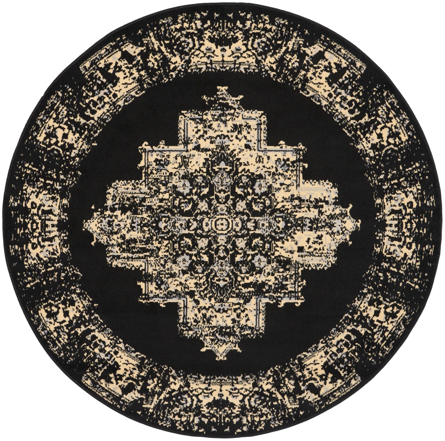 Round black rug featuring a beige-gold Persian-inspired central medallion & decorative border.