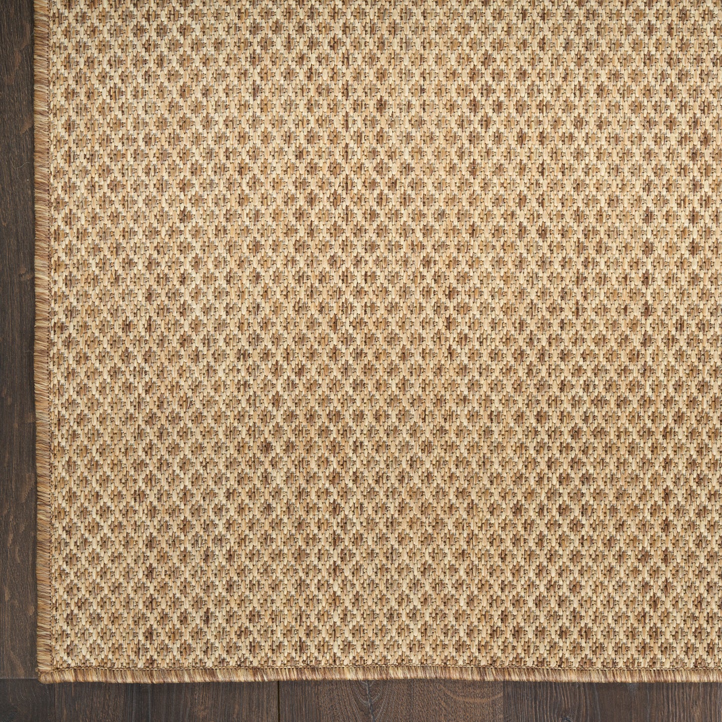 Beige natural-fiber rug with a tight lattice weave and a dark wood border along one edge; rectangular rustic rug.