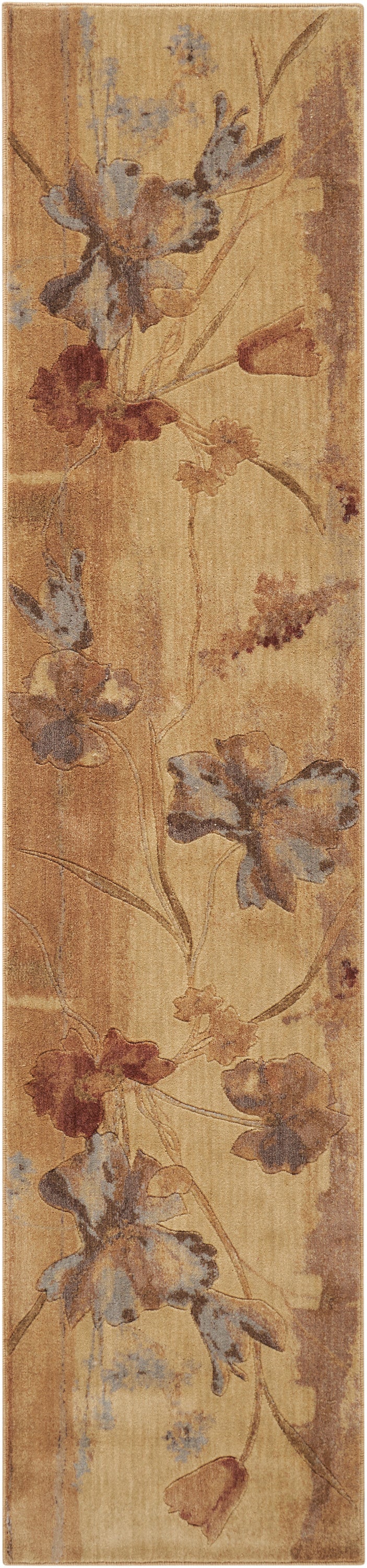 Golden-beige floral runner rug with blue-gray and brown blossoms and curling vines.