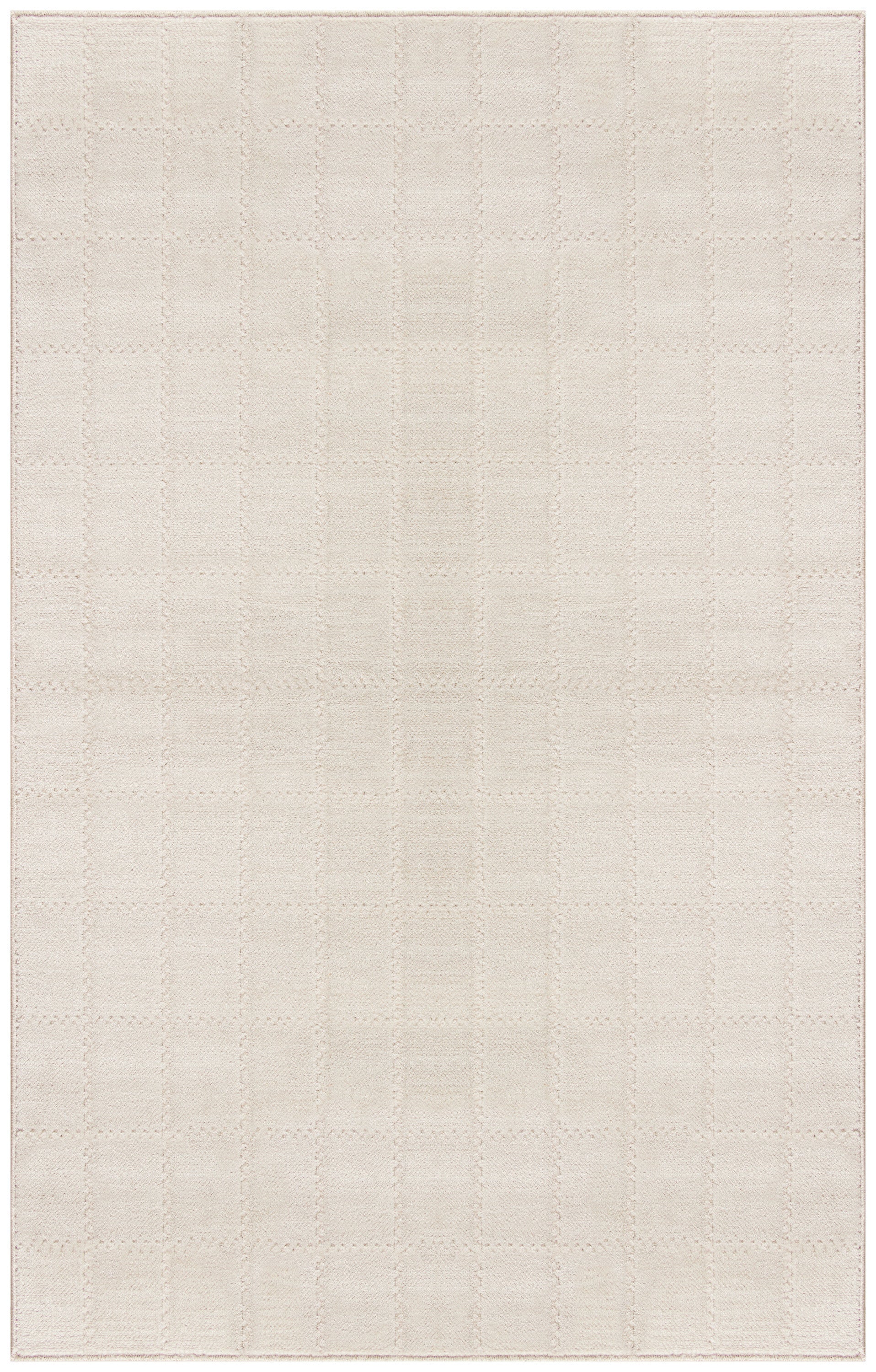 Beige rectangular rug with a subtle grid of small square textures for a soft, neutral look.