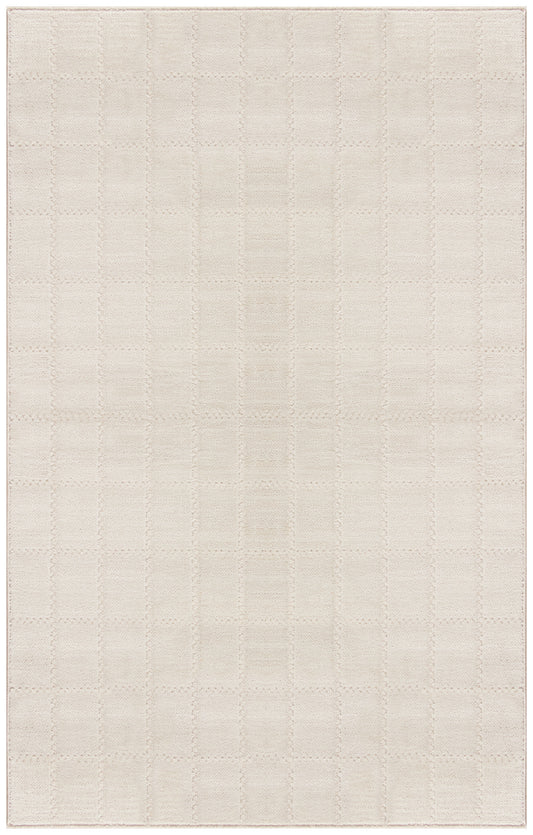 Beige rectangular rug with a subtle grid of small square textures for a soft, neutral look.