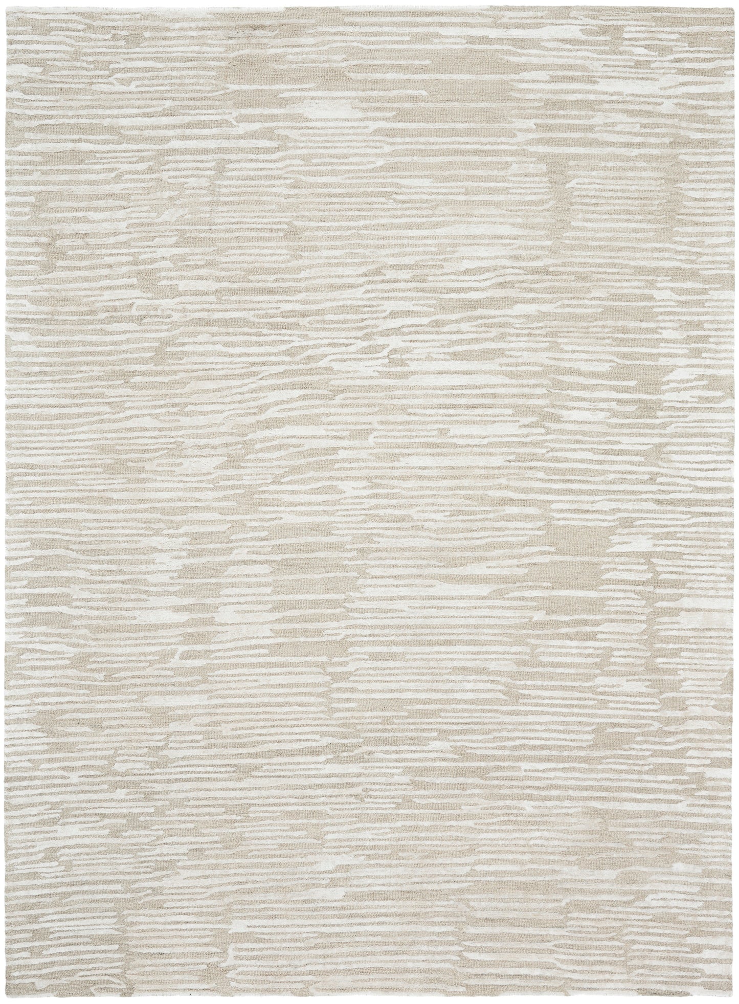 Beige cream area rug with soft woven texture and subtle horizontal taupe stripes.