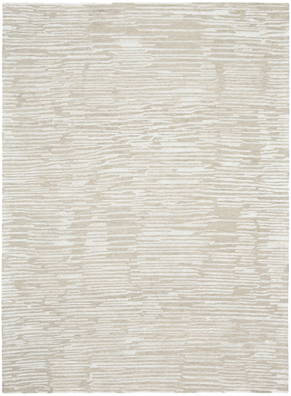 Beige cream area rug with soft woven texture and subtle horizontal taupe stripes.