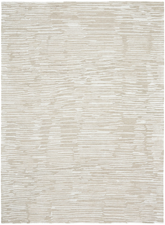 Beige cream area rug with soft woven texture and subtle horizontal taupe stripes.