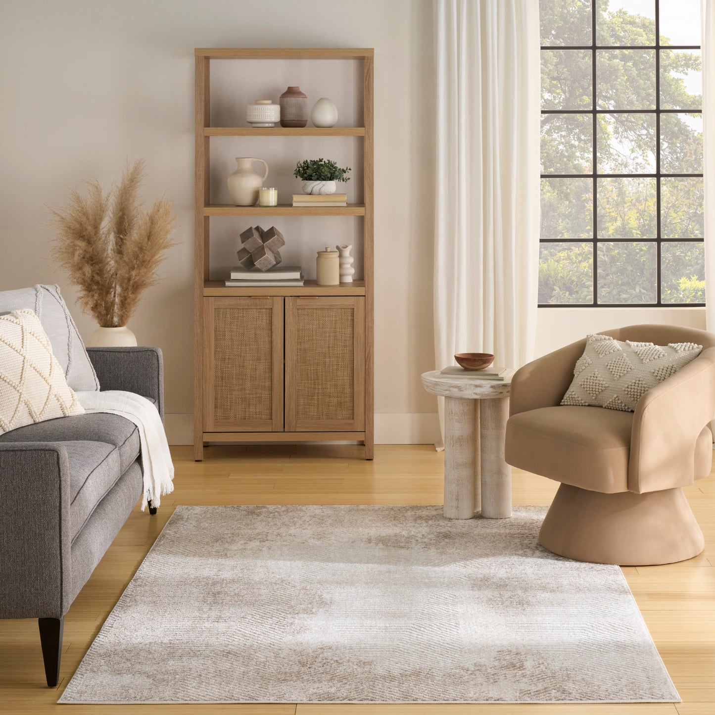 Modern 4' x 6' rug in neutral tones.