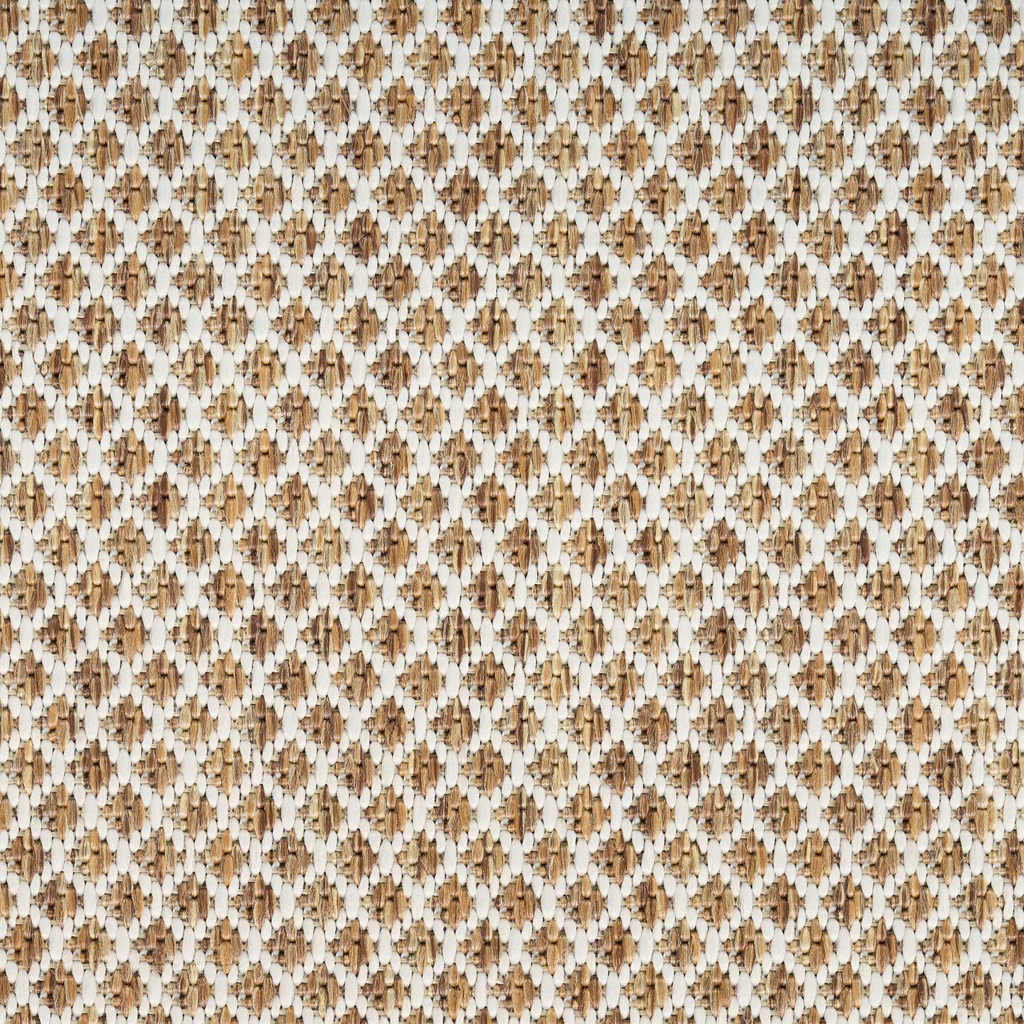 Close-up of a woven beige-brown rug with a diamond lattice pattern and textured surface.