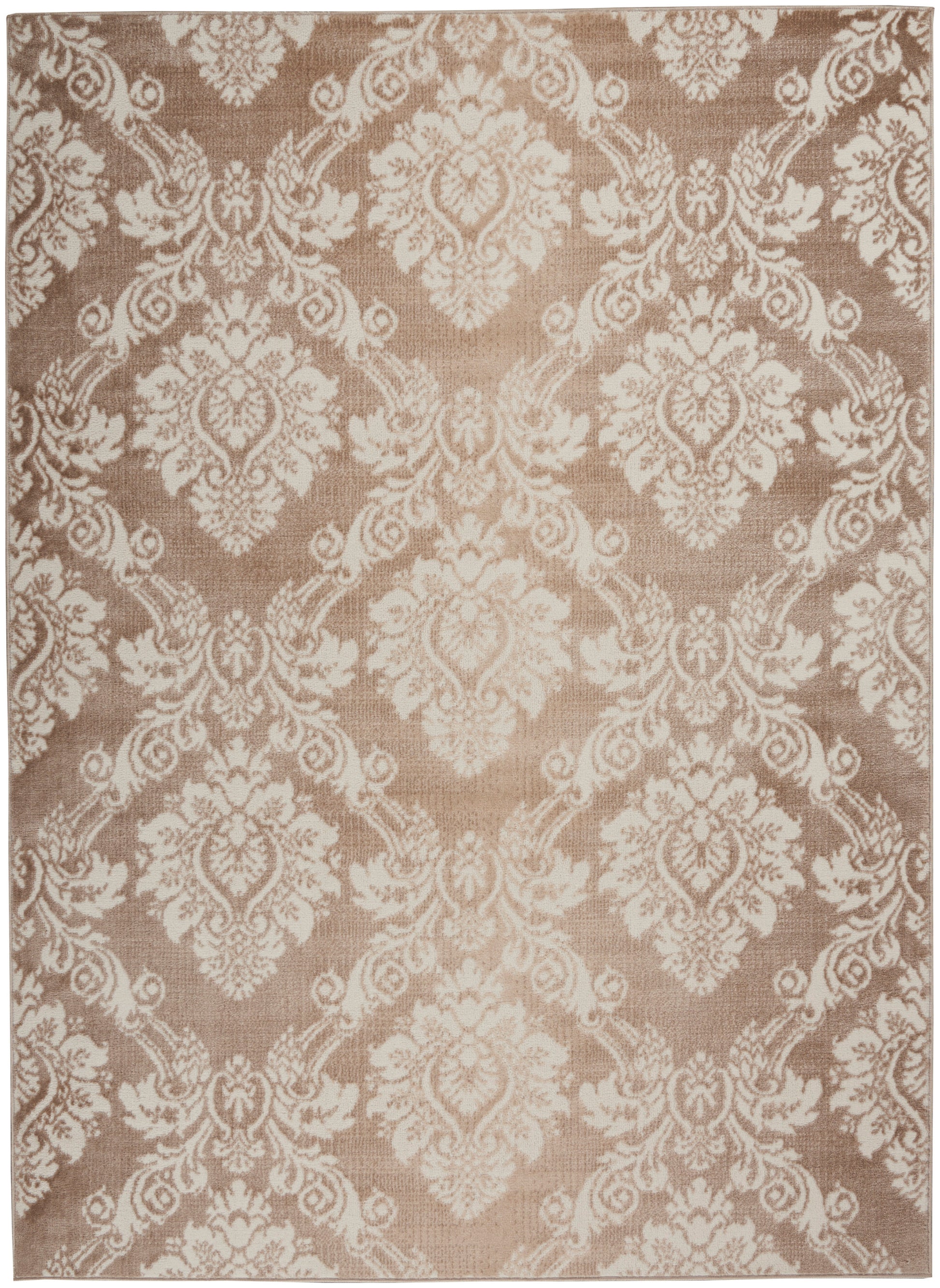 Beige rug with ivory damask pattern; traditional ornate floral motif and soft woven texture.