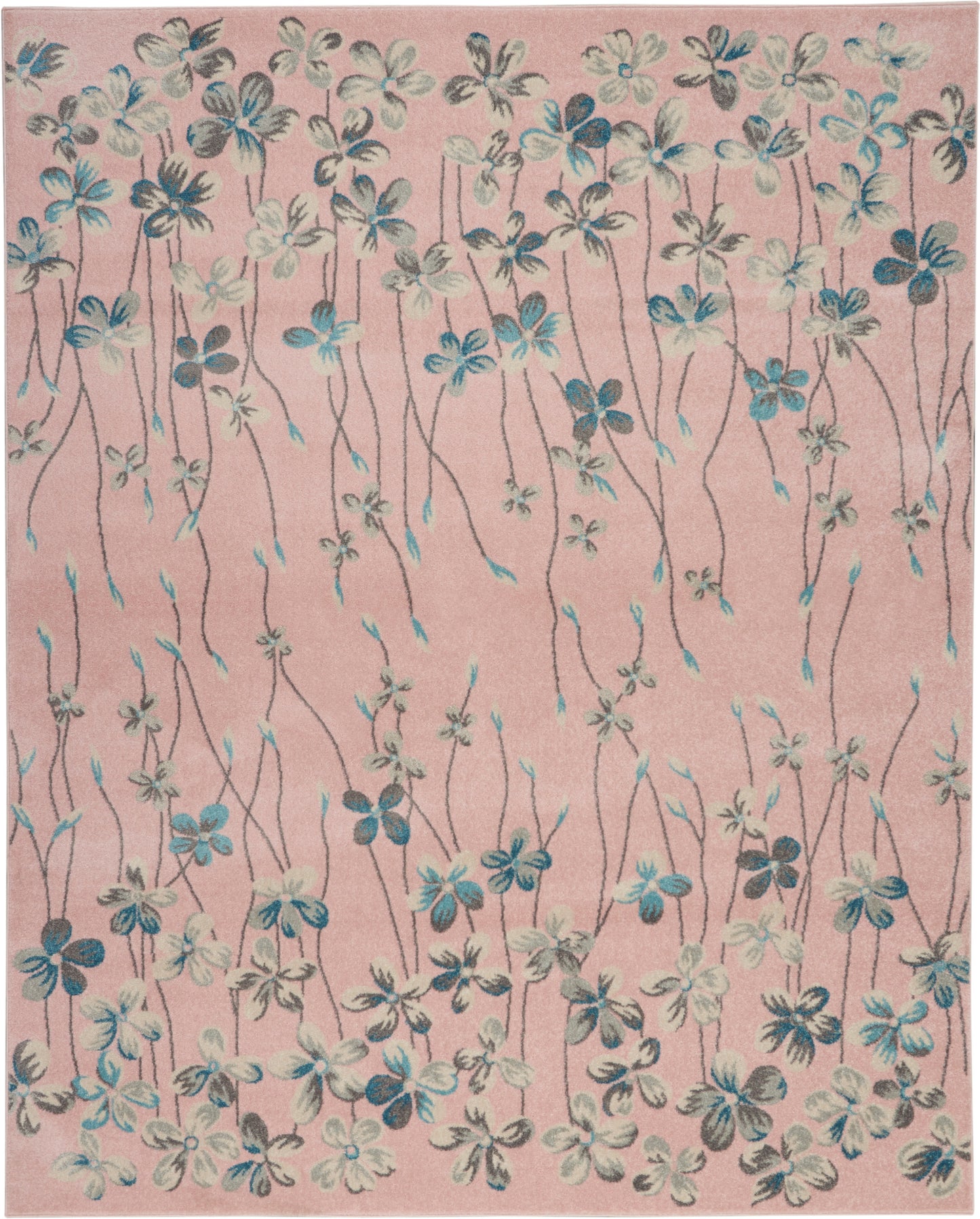 Pink rug featuring slender brown vines with blue and cream flowers in a cascading floral pattern.