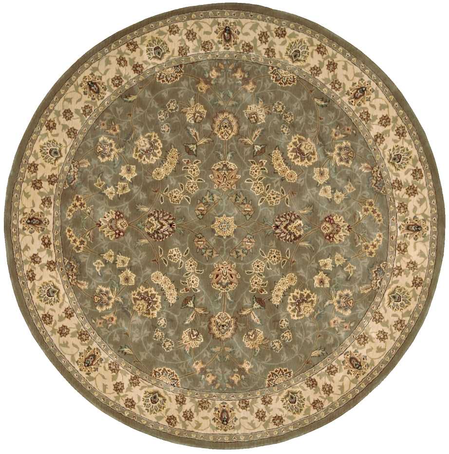 Round Persian-style rug with gray-green field and beige floral border; ornate cream and brown floral motifs.