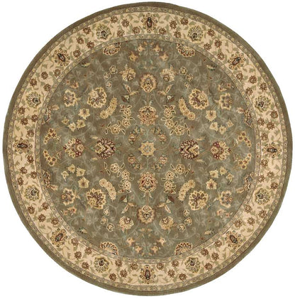 Round Persian-style rug with gray-green field and beige floral border; ornate cream and brown floral motifs.