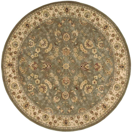 Round Persian-style rug with gray-green field and beige floral border; ornate cream and brown floral motifs.