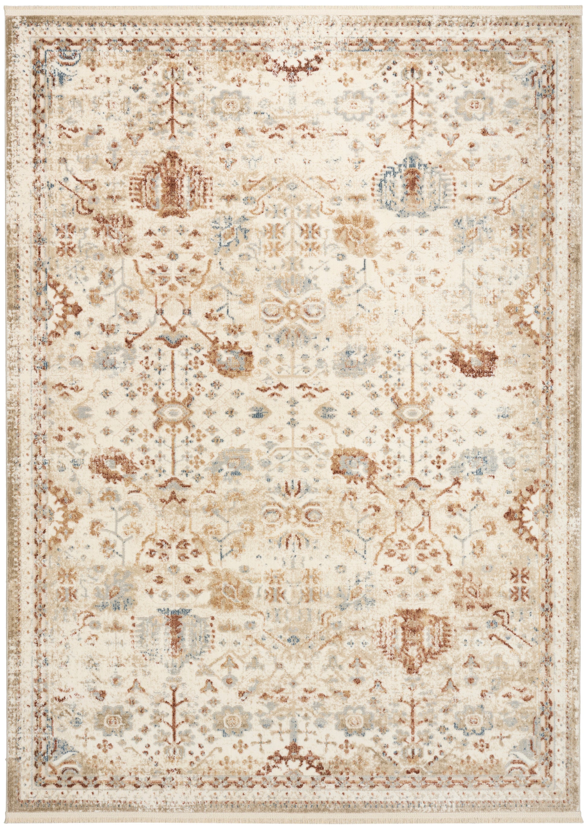 Distressed cream rug with beige, brown and pale blue floral motifs; rectangular Persian-inspired design.
