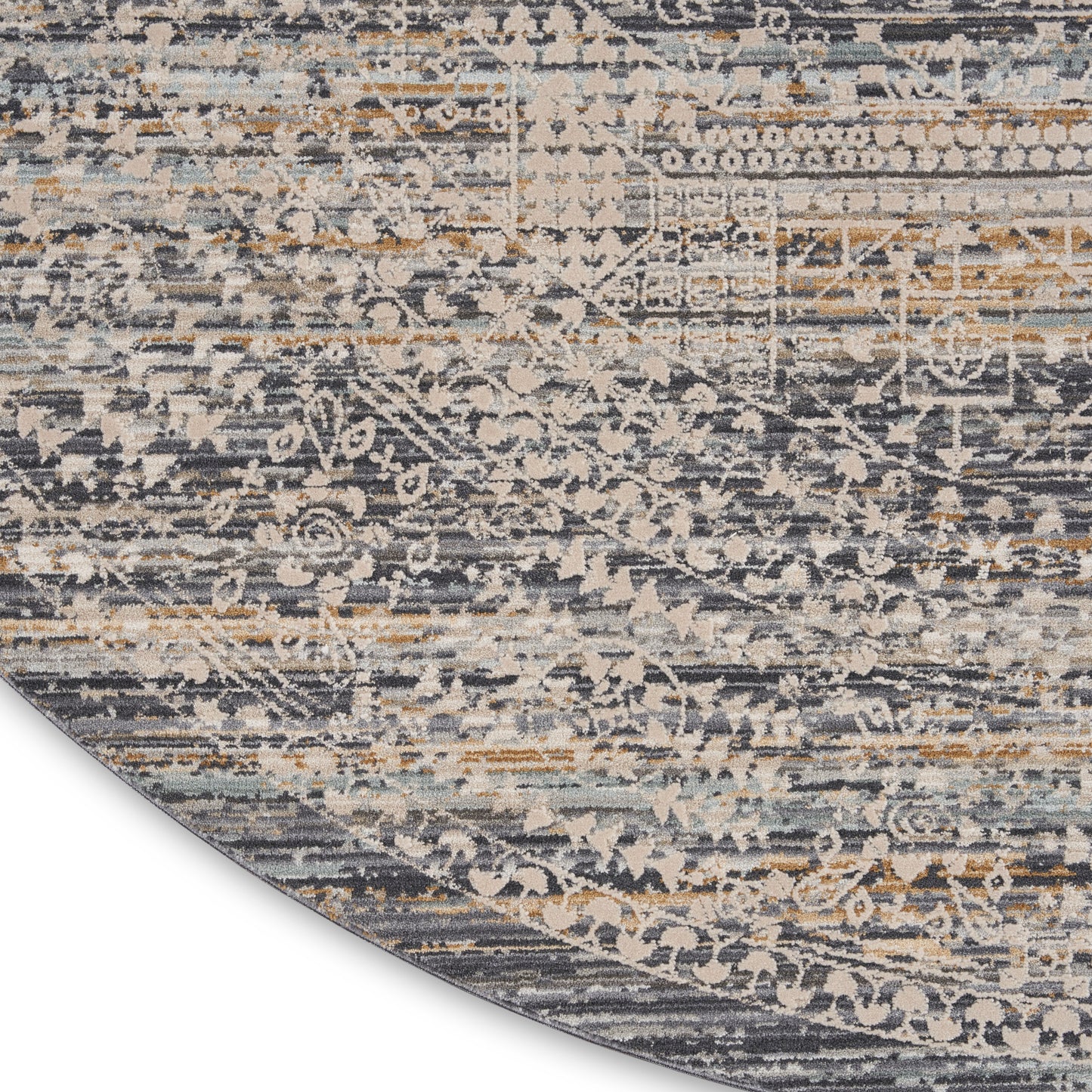 Round distressed oriental-style area rug in blue-gray, ivory, beige & ochre with vintage-washed look.