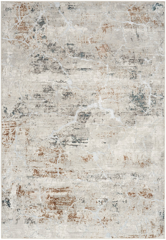 Abstract distressed beige area rug with muted gray and rust patches.