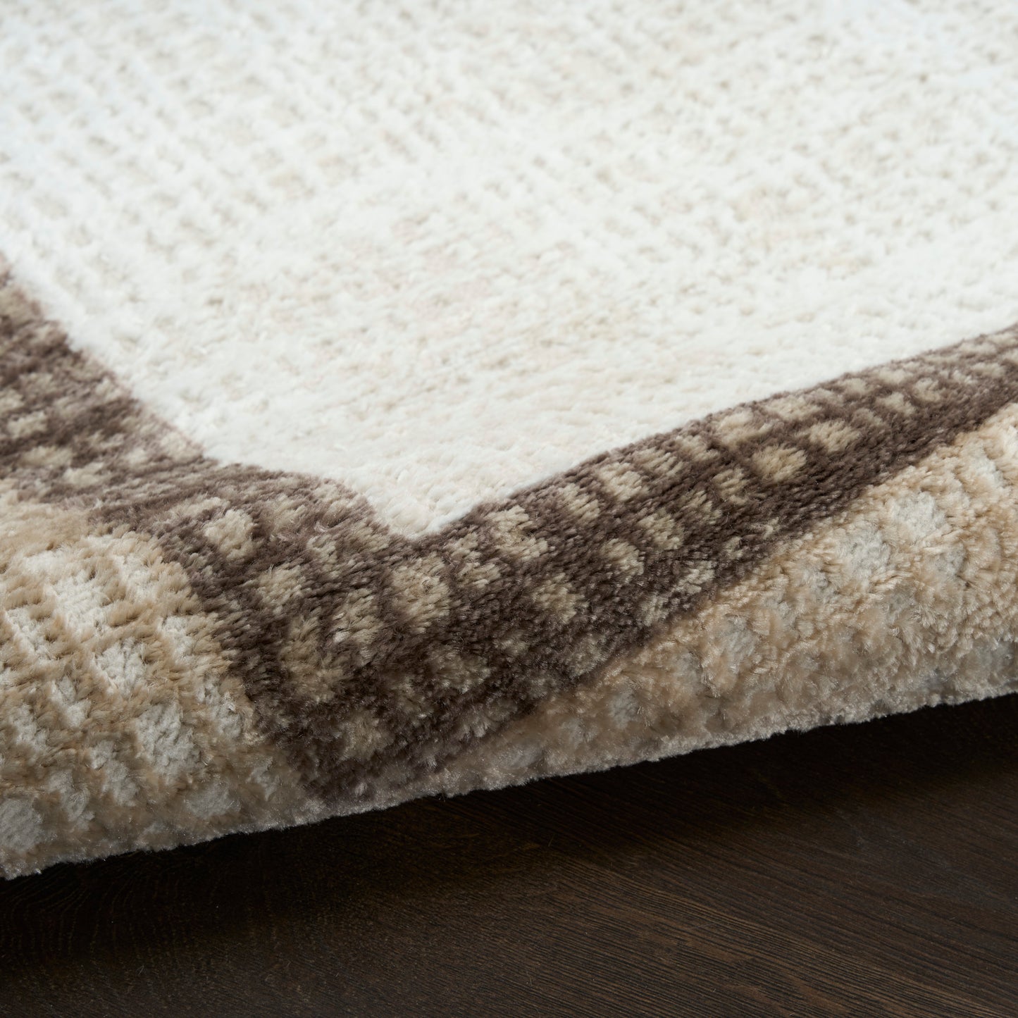 Cream and taupe geometric rug with plush pile and dark brown border on a dark wood floor.