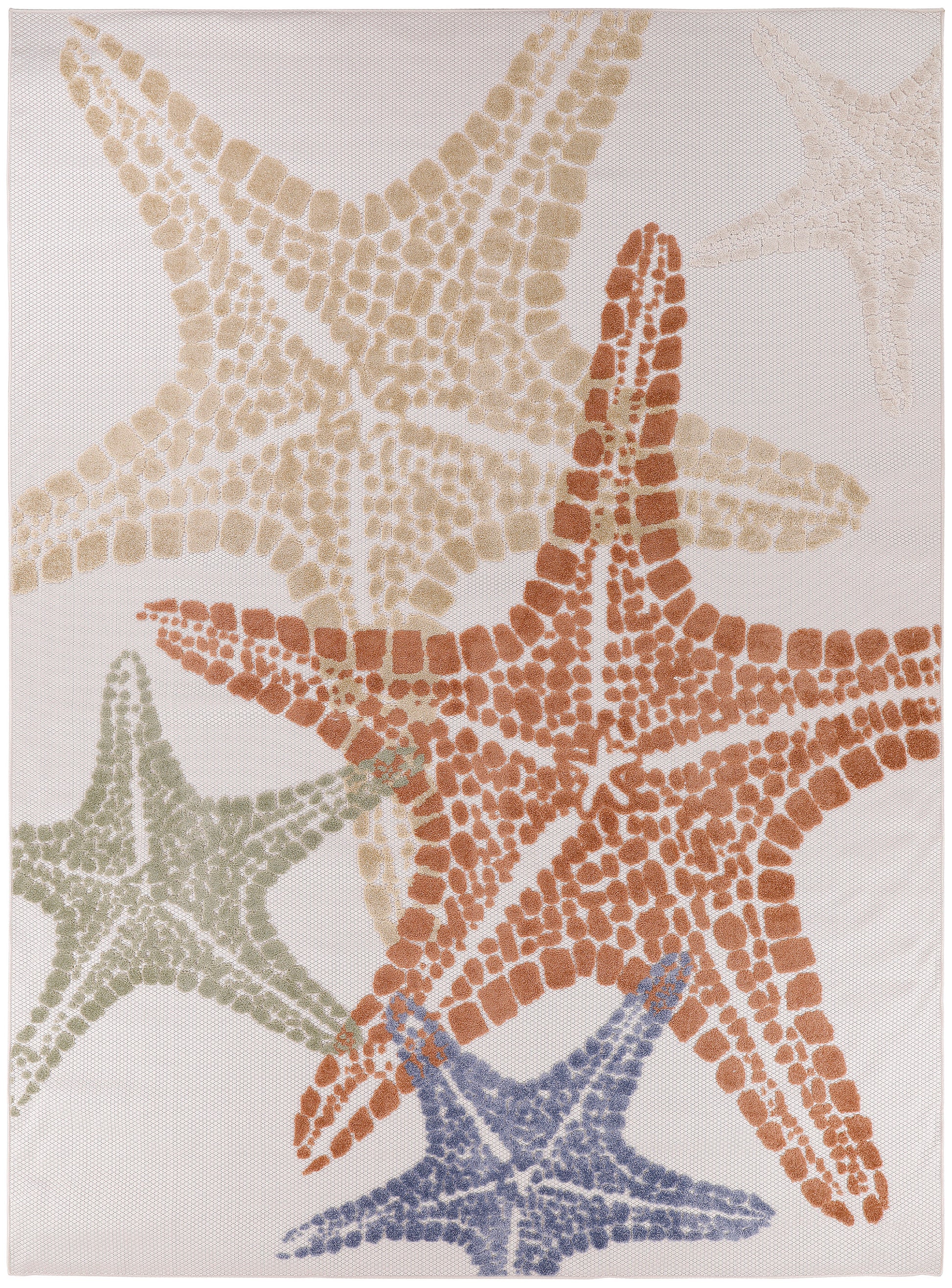 Coastal area rug with overlapping starfish shapes in beige, brown, green and blue on textured canvas.