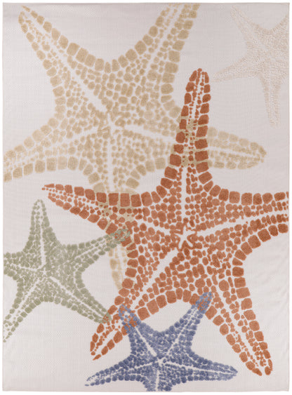Coastal area rug with overlapping starfish shapes in beige, brown, green and blue on textured canvas.