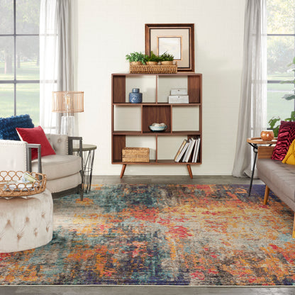 Modern multicolor abstract rug on living room floor.
