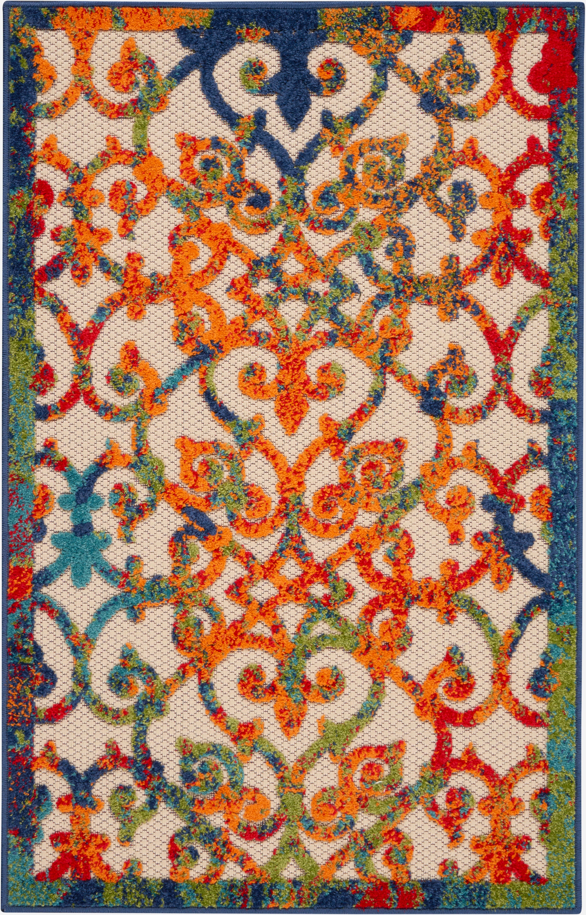 Vibrant oriental rug with multicolored scrolling florals in orange, blue & green on a beige field, teal border.