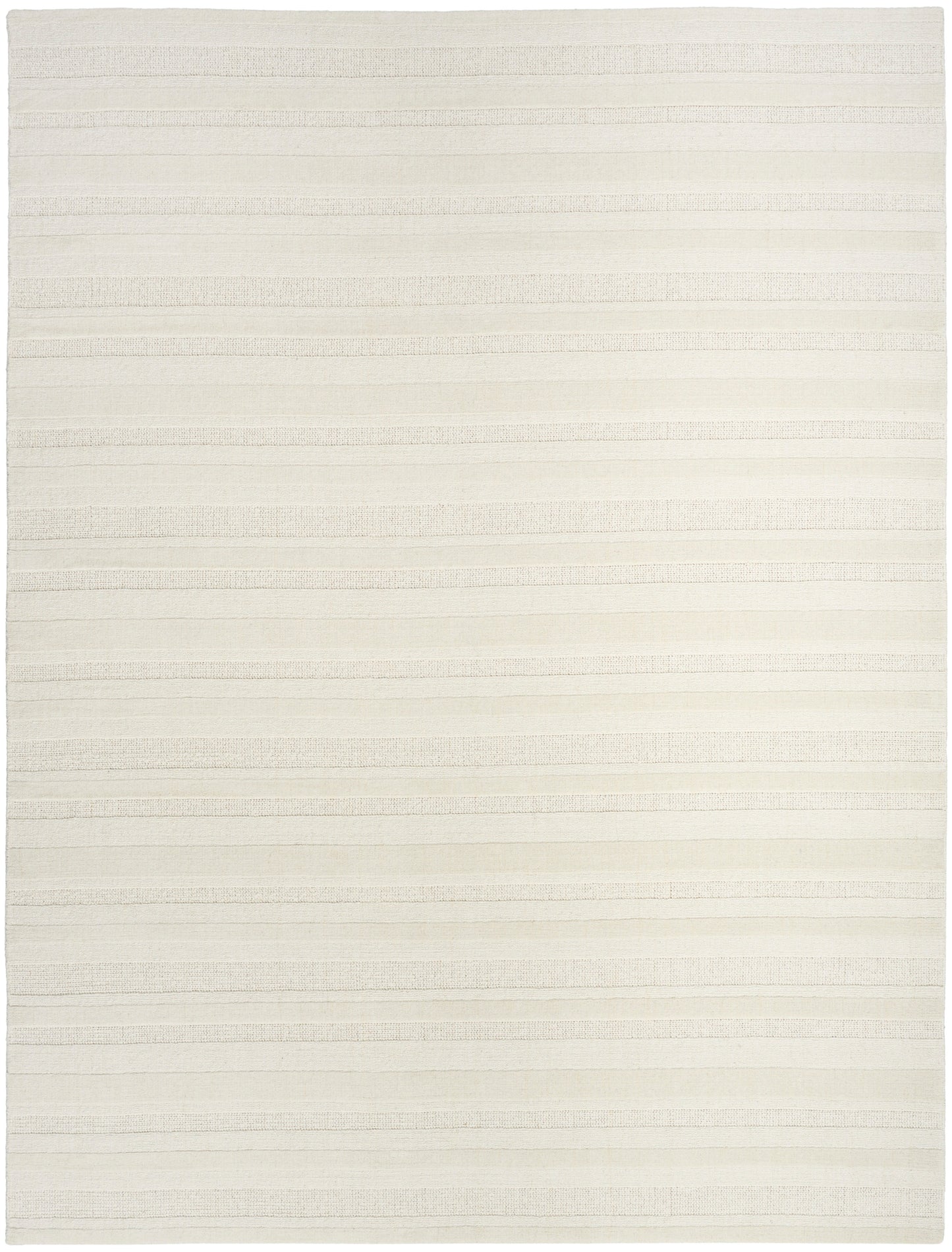 Cream striped rug with soft horizontal bands & woven texture; neutral, versatile decor piece.