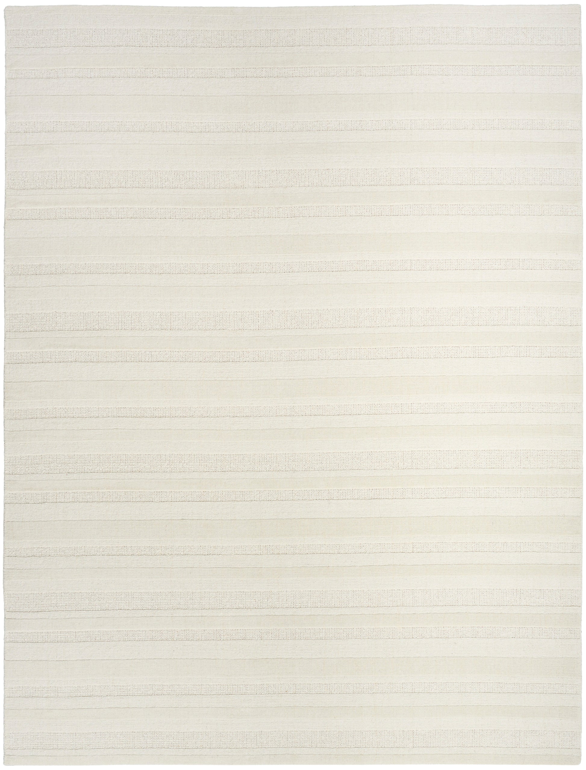 Cream striped rug with soft horizontal bands & woven texture; neutral, versatile decor piece.
