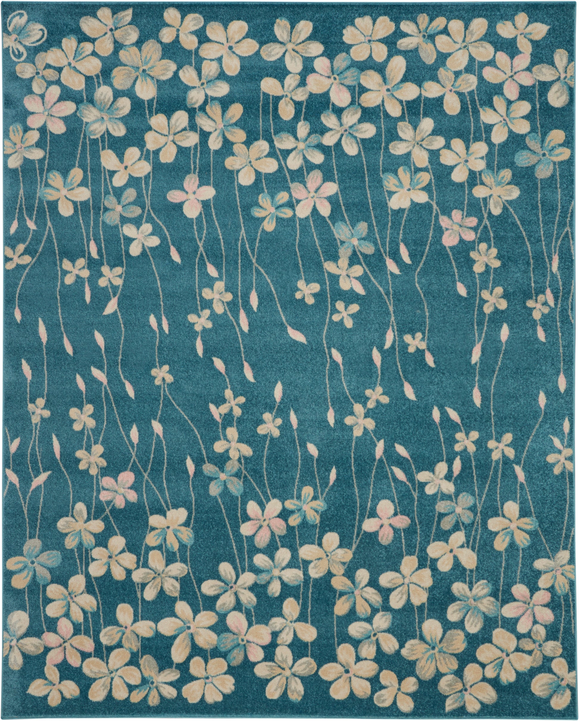 Rectangular teal rug with cream and pale pink floral vines and slender stems, modern botanical pattern.