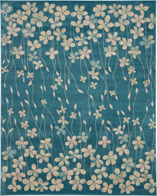Rectangular teal rug with cream and pale pink floral vines and slender stems, modern botanical pattern.