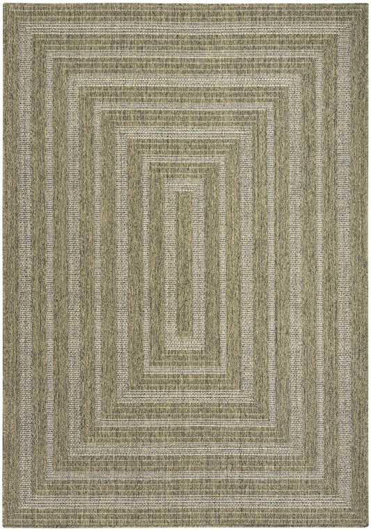 Olive and beige rectangular area rug with concentric spiral border and textured woven pattern.