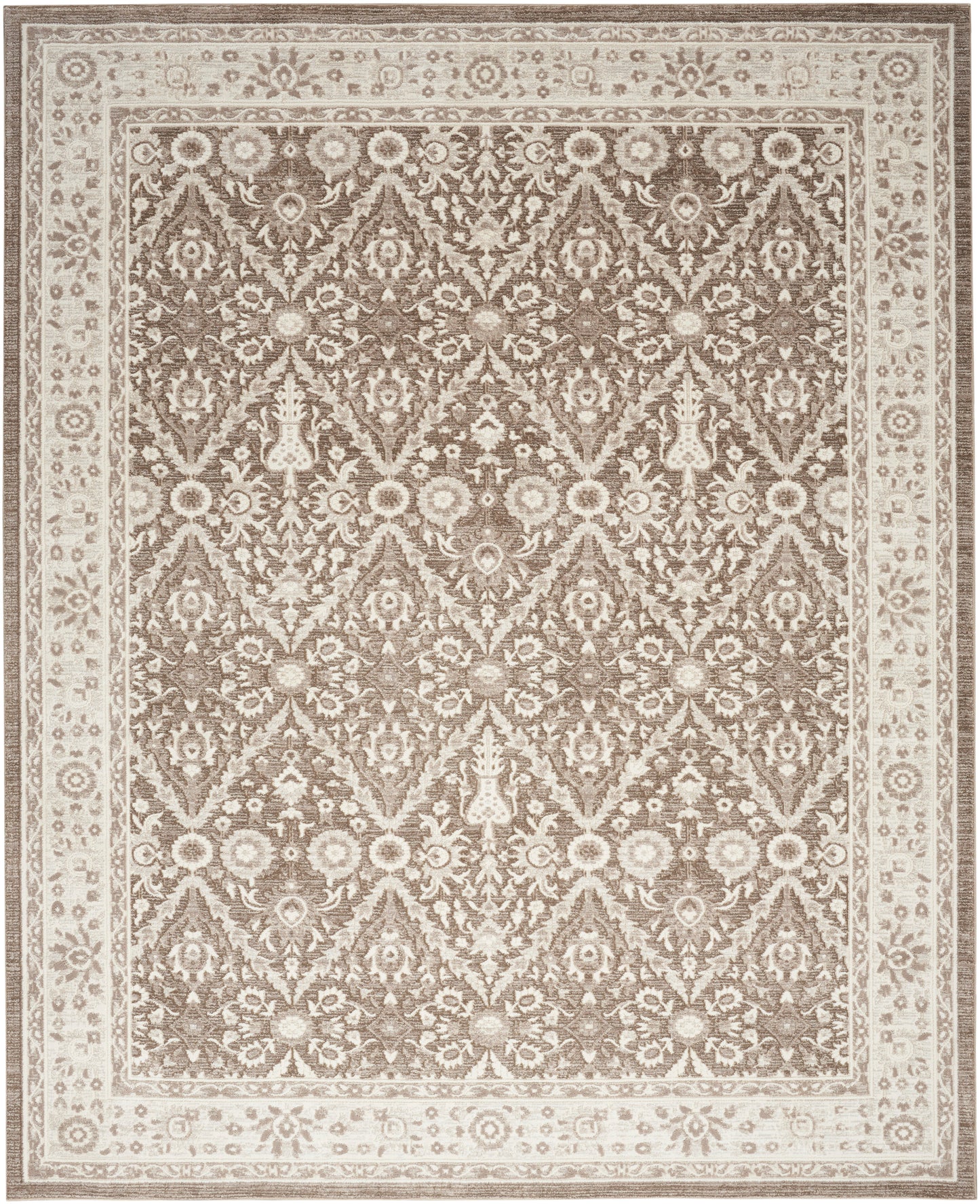 Traditional beige and taupe oriental-style area rug with floral lattice pattern and decorative border.