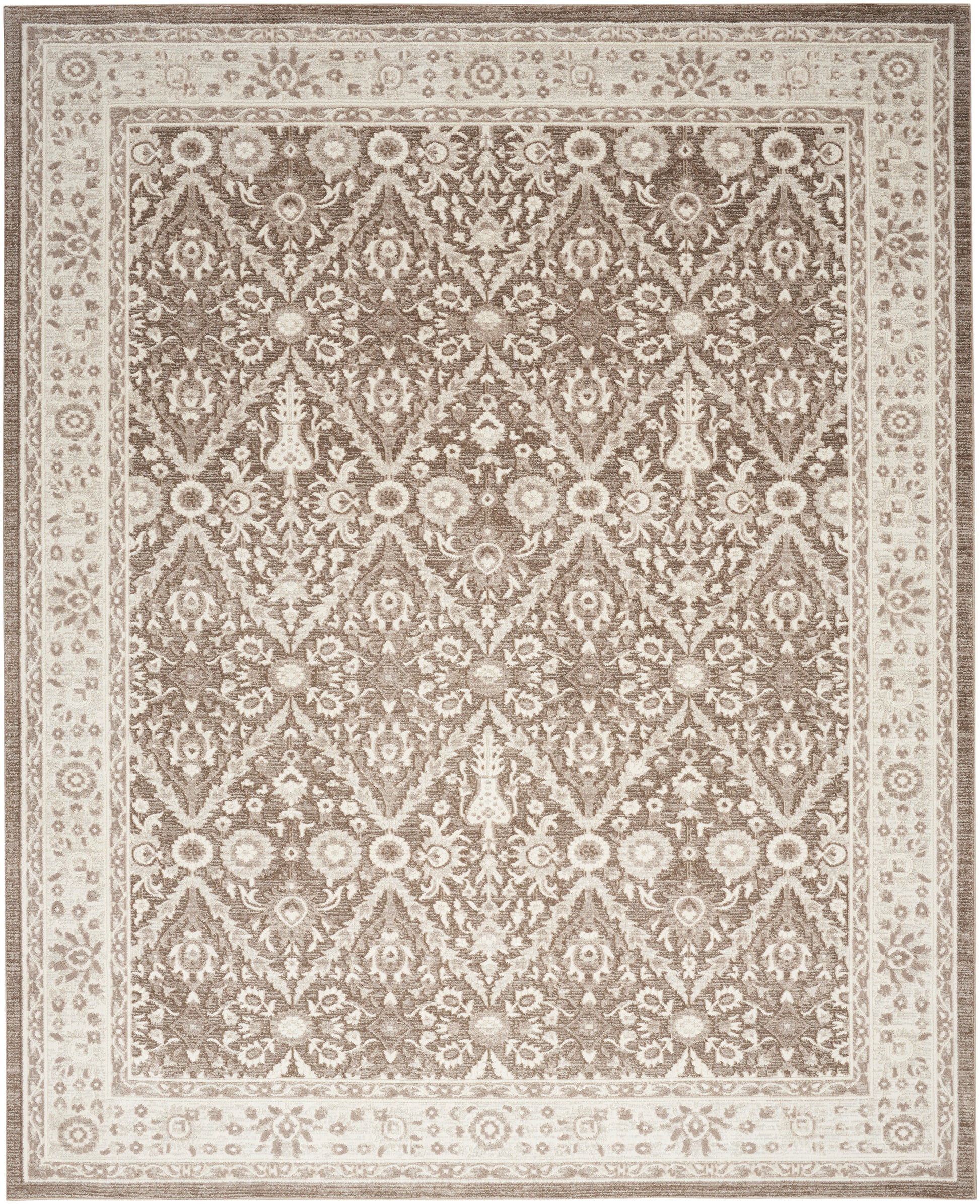 Traditional beige and taupe oriental-style area rug with floral lattice pattern and decorative border.