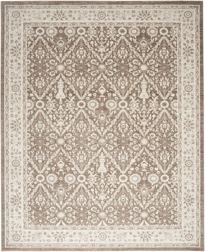 Traditional beige and taupe oriental-style area rug with floral lattice pattern and decorative border.